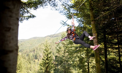 Zipline Hirschgrund, Abenteuer und Action im Schwarzwaldurlaub. Sausen Sie an Drahtseilen festgegurtet über die Baumwipfel des Schwarzwaldes