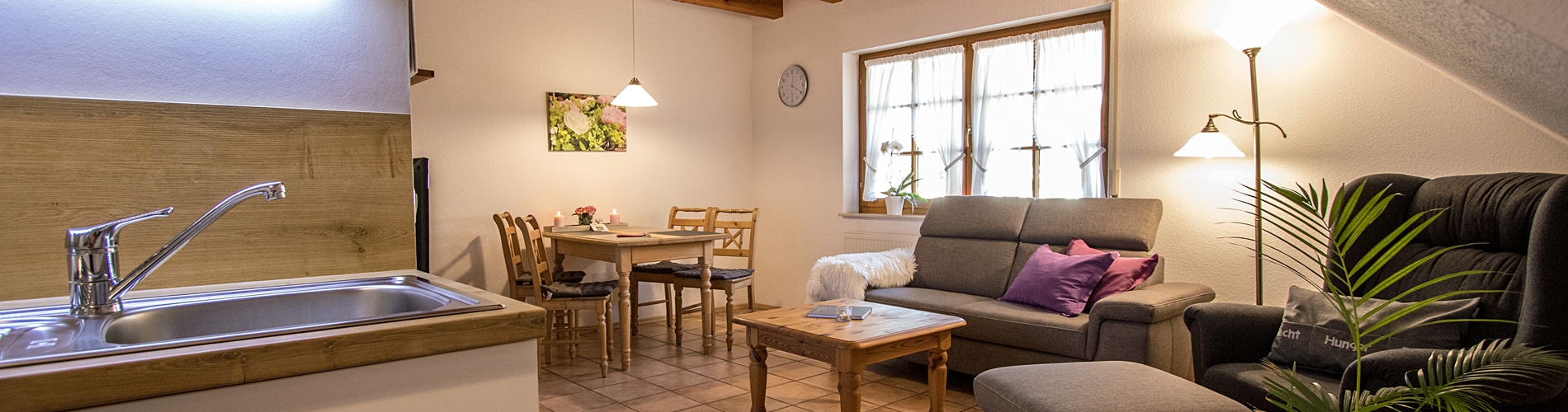 Blick von der Küche in das Wohnzimmer der Ferienwohnung Waldblick